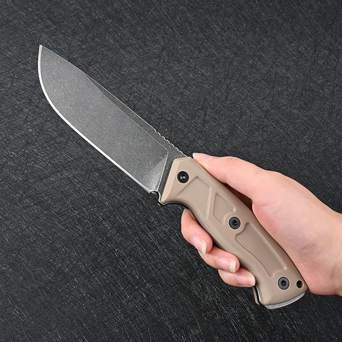 Knives 14C28N Steel Tactical Fixed Blade Knife with kydex sheath G10 Handle for Men EDC Outdoor Camping Survival Hunting (Black stone wash+khaki G10)