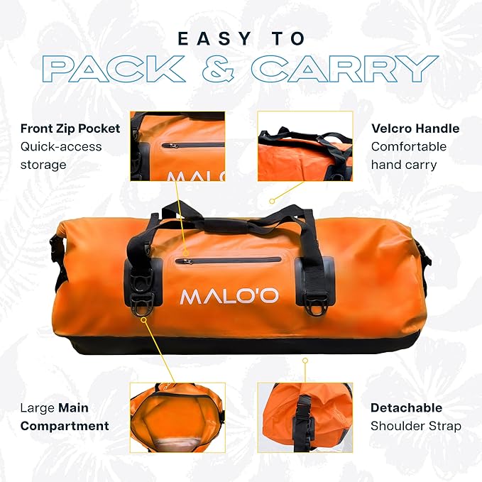 Malo’o Waterproof Dry Duffel Heavy-Duty Roll Top Waterproof Gear Bag with Shoulder Strap &amp Molle Loops Marine Duffel for Kayaking Boating Camping Beach &amp Travel Orange 100L