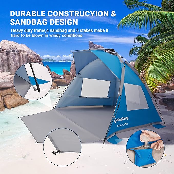 KingCamp Beach Tent Pop Up Shade 10s Easy Set Up Portable Beach Canopy Tent Sun Shelter for 3-4 Person Lightweight Instant Tent with Extendable Floor Beach Outdoor Camping Picnic