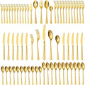 KINGSTONE Gold Hammered Silverware Set Flatware Set with Serving Utensils 18/10 Stainless Steel Premium Cutlery with Unique Ripple Handles Design Mirror Polished - Dishwasher Safe (65-Piece)