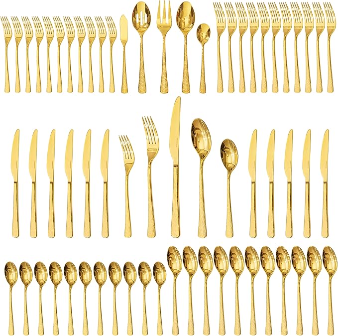 KINGSTONE Gold Hammered Silverware Set Flatware Set with Serving Utensils 18/10 Stainless Steel Premium Cutlery with Unique Ripple Handles Design Mirror Polished - Dishwasher Safe (65-Piece)