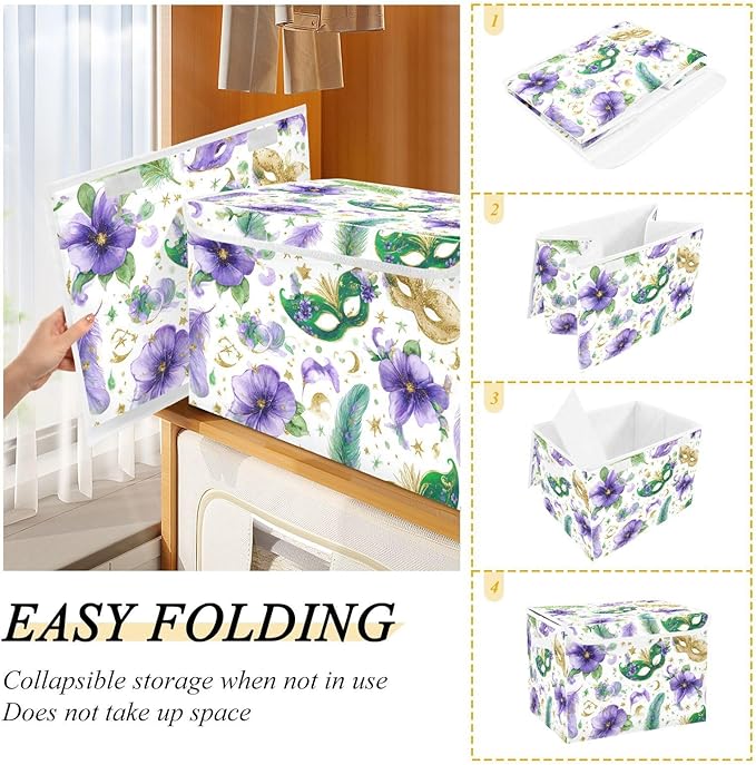 Mardi Gras Masks Flowers White Storage Box with Lid 1 PC Foldable Storage Bin with Lids Stackable Storage Bins Cube Closet Organizer Basket with Flip-Top Lid &amp Handles for Shoes Books Towels