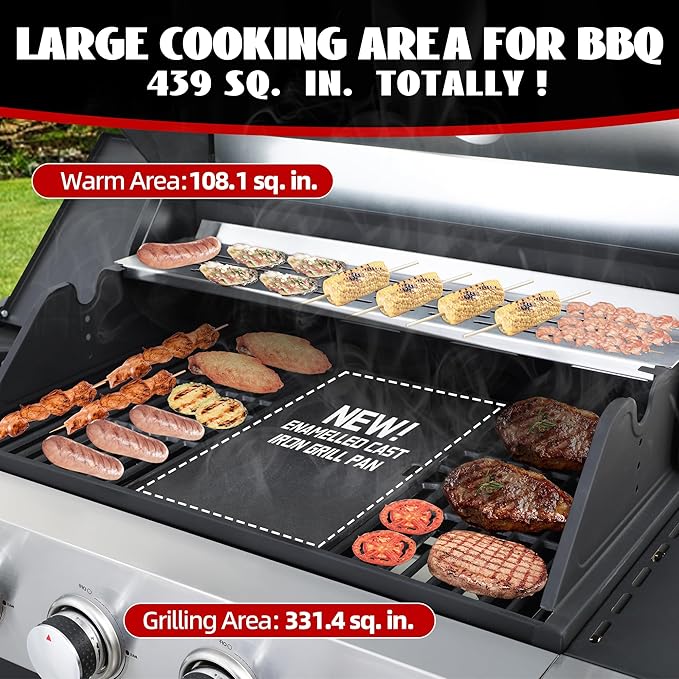 4-Burner Propane Gas Grill with Side Burner 46000 BTU Outdoor BBQ Grill with Porcelain-Enameled Cast Iron Grates and Griddle Pan Built-in Thermometer Stainless Steel Grill for Outdoor Cooking