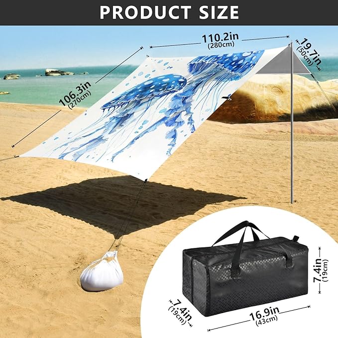 ALAZA Watercolor Blue Spotted Jelly Fish Aquarium Life Marine Animals Ocean Deep Sea Beach Tent Sun Shelter Portable Canopy Sunshade for Outdoor Camping Picnics Backyard Fun 10x9 ft
