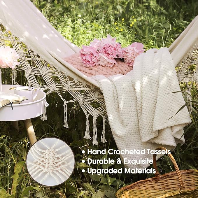 MOSFiATA Backyard Hammock with Tassels Max 500lbs Canvas Fabric Bohemian Style with Thickened Rope and Carry Bag for Outdoor Garden Patio Wedding Decor (White)