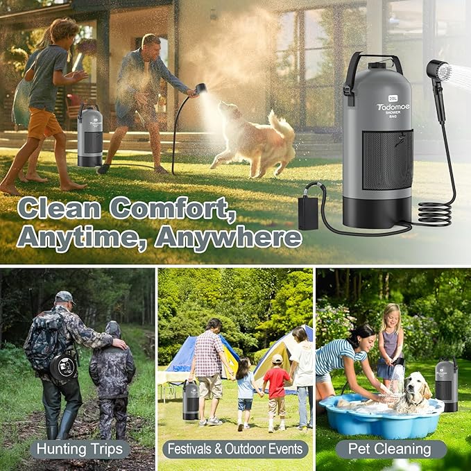Portable Camping Shower with Battery Powered Pump 5 Gal/20L Solar Heated Camp Shower Bag 3-Mode Shower Head &amp Travel Case for Outdoor Camping Beach Rinse &amp Dogs