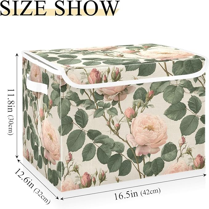 Blush Pink Rose Retro Collapsible Storage Bins with Lids Decorative Fabric Cubes Closet Organizer Basket Boxes Containers for Clothes Box Chest Folding Rectangle