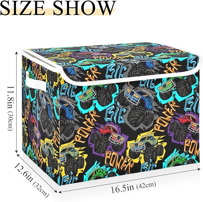 Storage Box Monster Truck Car Closet Storage Bins with Lids Foldable Oxford Fabric Storage Box for Home Bedroom Closet Office (16.5x12.6x11.8 in)