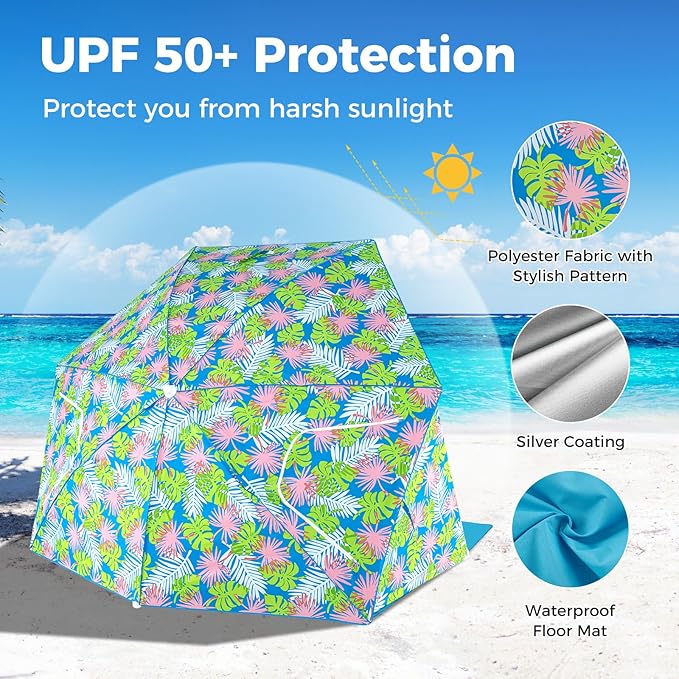 Tangkula Beach Tent for 2-4 People 2-in-1 Beach Tent Sun Shelter with Extendable Floor Roll-Up Windows UPF50+ Easy Setup Beach Umbrella for Shade Pool Backyard Camping