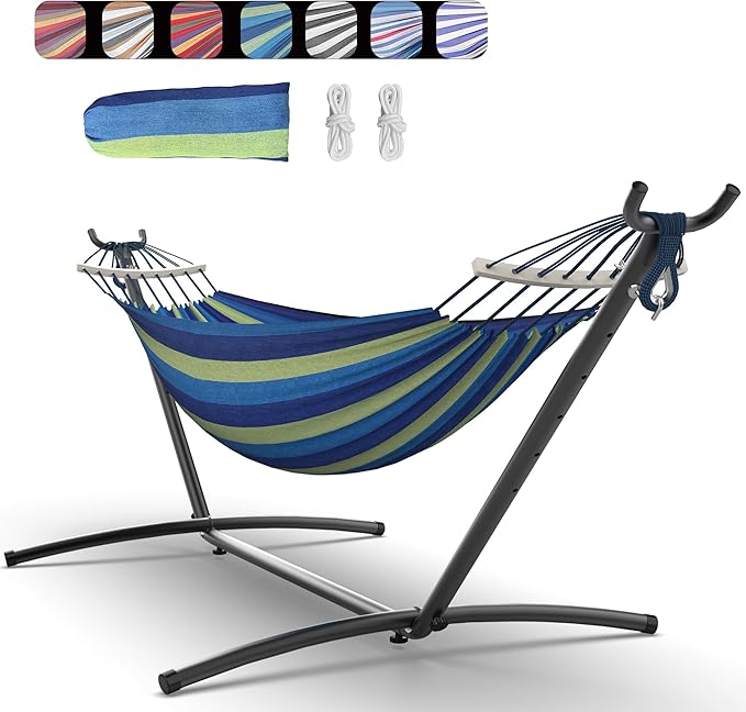 Everyfun Double Hammock with Space-Saving Steel Stand 2 Person Heavy-Duty Hammock for Garden Yard or Outdoor 600lbs Capacity Wide Blue