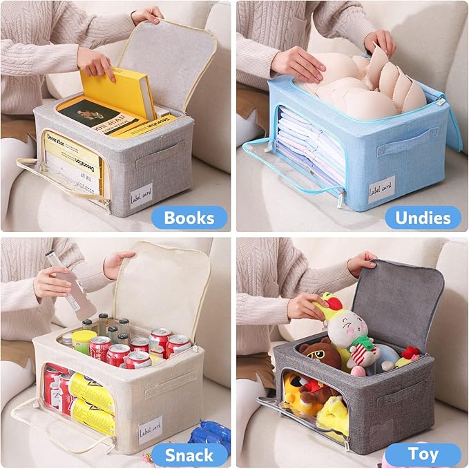 Clothes Storage Bins Box - Linen Fabric Foldable Stackable Container Organizer Set with Clear Window &amp Carry Handles &amp Metal Frame - 2Pack Large Capacity for Bedding Blankets Books