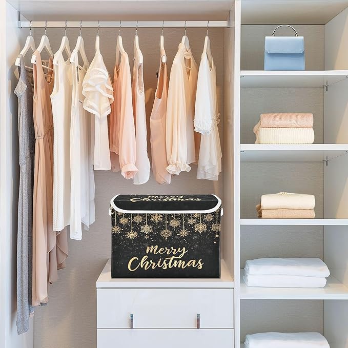 Gold Merry Christmas Storage Box with Lid 1 PC Foldable Storage Bin with Lids Stackable Storage Bins Cube Closet Organizer Basket with Flip-Top Lid &amp Handles for Shoes Books Towels