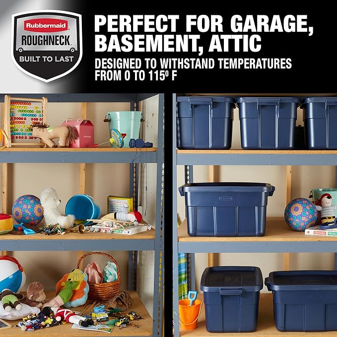 Rubbermaid Roughneck Tote 14 Gal 6 Pack Made in USA Dark Indigo Metallic Rugged Plastic Stackable Storage Bins with Lids and Handles