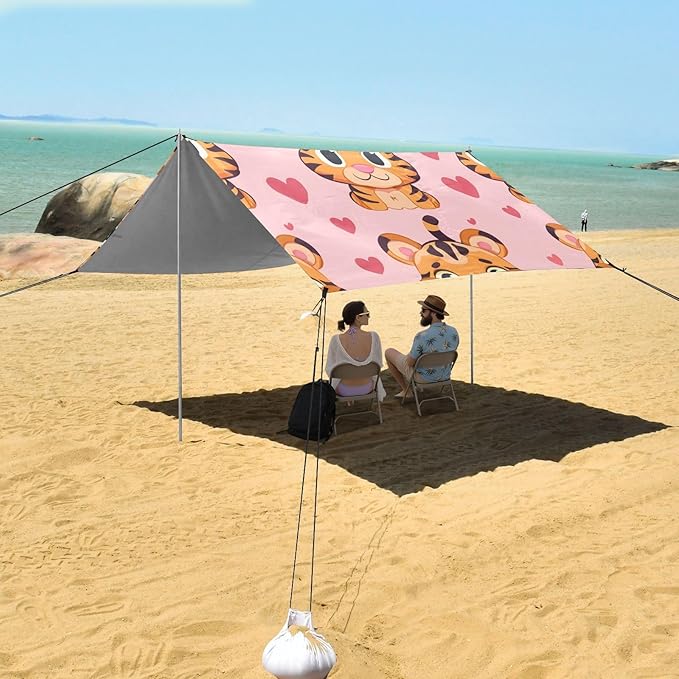 ALAZA Cute Tiger Heart Seamless Beach Tent Sun Shelter Portable Canopy Sunshade for Outdoor Camping Picnics Backyard Fun 10x9 ft