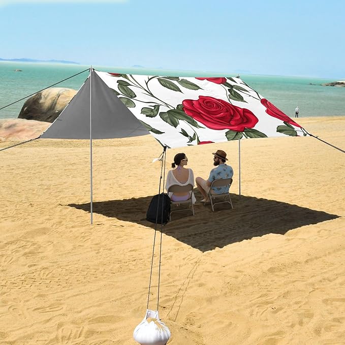 ALAZA Cute Red Roses Flower Beach Tent Sun Shelter Portable Canopy Sunshade for Outdoor Camping Picnics Backyard Fun 10x9 ft