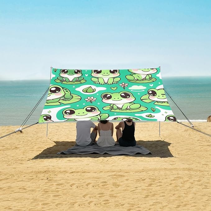 Cute Frogs Green Beach Tent Sun Shelter Set UPF50+ UV Protection 10.5 x 9.19 FT Camping Shade Canopy with Sandbags Sand Anchors Carrying Bag and Others