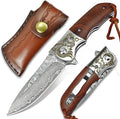 AUBEY Damascus Pocket Knife with Clip Folding Knives with VG10 Damascus Steel Blade Wooden Handle Foldable EDC Knifes for Outdoor Survival Collection Gift