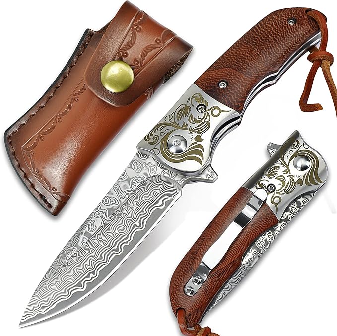 AUBEY Damascus Pocket Knife with Clip Folding Knives with VG10 Damascus Steel Blade Wooden Handle Foldable EDC Knifes for Outdoor Survival Collection Gift