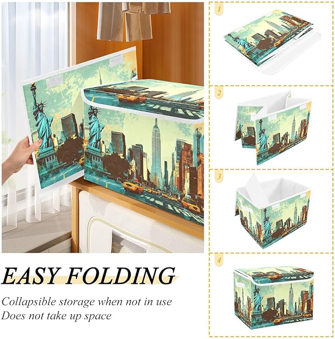 Storage Cube with Lid New York Painting Print 16.5×12.6×11.8 IN Collapsible Large Capacity Foldable Storage Basket Bin Organizer