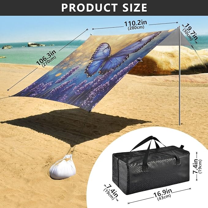 ALAZA Lavender with The Blue Butterfly Beach Tent Sun Shelter Portable Canopy Sunshade for Outdoor Camping Picnics Backyard Fun 10x9 ft