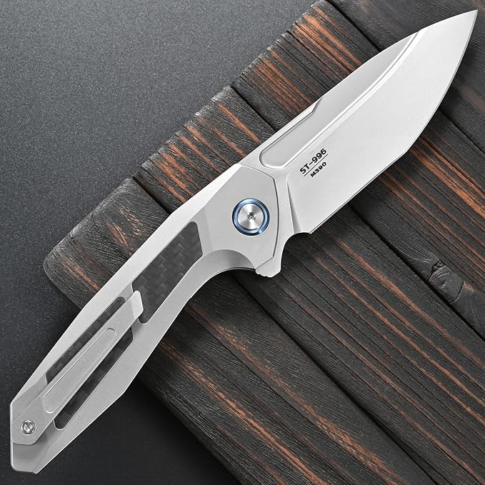 Sitivien ST996 Folding KnifeHandmade M390 Pearlescent Polishing BladeTitanium &amp Carbon Fiber Handle Pocket Knife for Outdoor CampingHikingHunting(Gray)