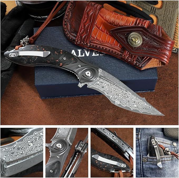 handmade Folding Pocket KnifeJapanese Damascus steel 3.9in blade Men's folding knifewith Pocket Clip Leather Sheathliner lock Carbon Fiber Handlefit EDC Outdoor camping Survivalgift