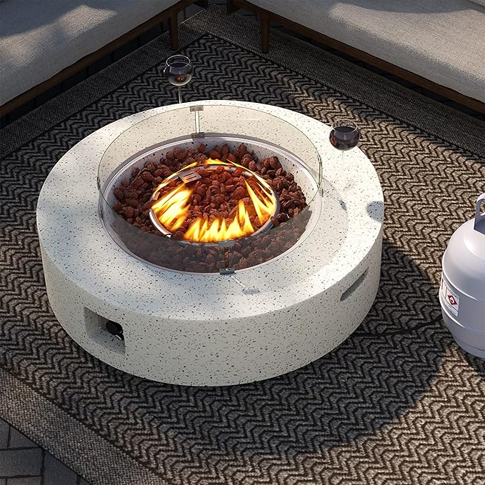 SUNBURY Outdoor 42 Inch Propane Fire Pit Table Patio Gas Fire Table 50000 BTU Fire Pit for Outside in Spotted White w Glass Wind Guard Lava Rocks