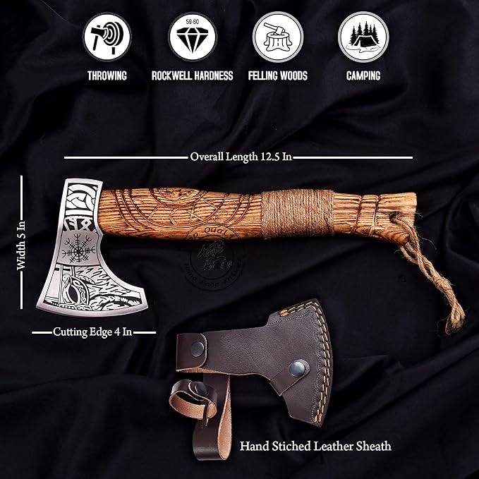 Hand-Forged Viking Axe Nordic Engraved Blade with Wooden Handle Unique Gift for Men Collectors Great Gift for Birthdays Holidays or Weddings (AXE-05)