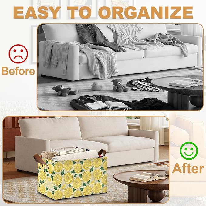 Lemon Storage Bin with Handles Basket Storage Organizer for Shelves Closet Nursery Book Laundry Hamper &amp Home Decor