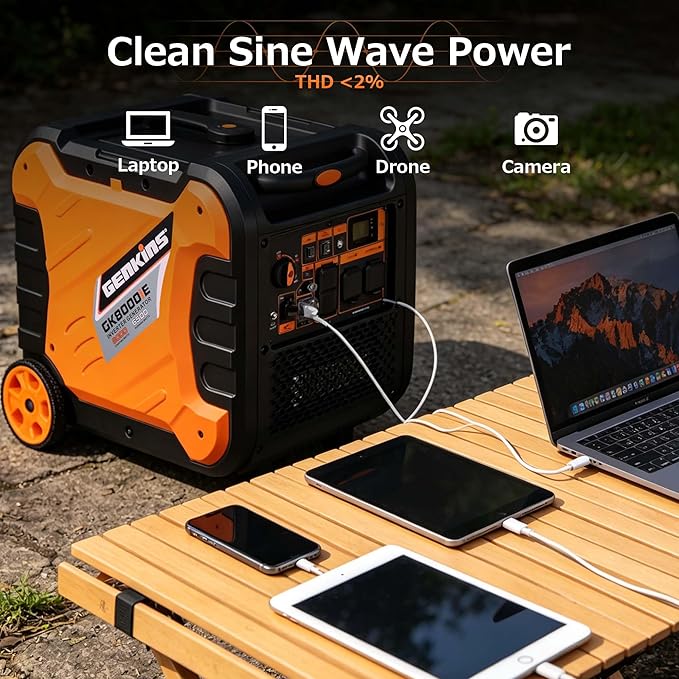 Genkins Inverter Generator 8000W Outdoor Portable Generators Gas Powered Super Quiet with Parallel Capability Electric Start Ideal for Home Backup RV Camping Travel