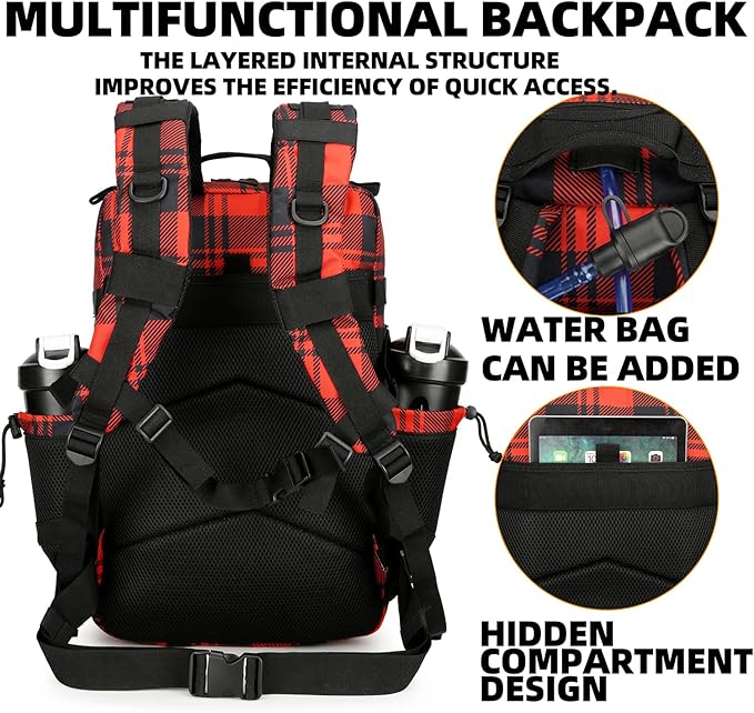 Lovelinks21 25L Tactical Backpack for Men and Women Military Backpack Small Assault Pack Molle Backpack Bug Out Bag Travel Rucksack Daypack (Red Plaid)
