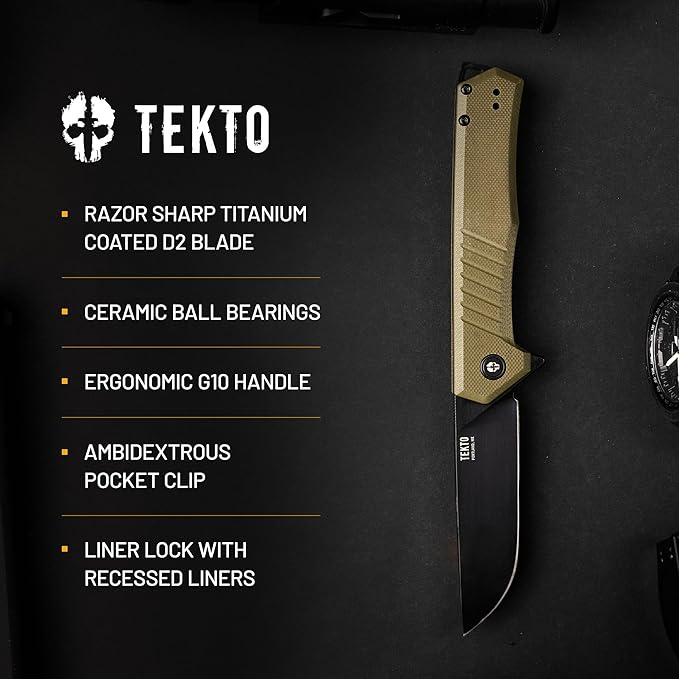F1 Alpha Folding Pocket Knife - Modified Straight Back Blade Titanium Coated D2 Steel Ideal for Outdoor Camping and Backpacking Tactical G10 OD Green Handle Black Titanium Accents