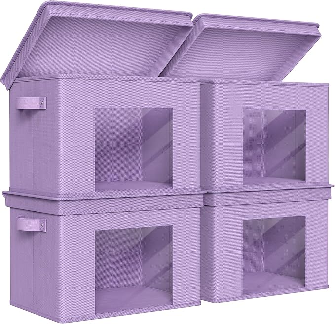 Univivi Foldable Fabric Storage Boxes Large Storage Bins with Lids [4-Pack] Collapsible Storage Cubes Organizer Containers Organization Baskets for Home Bedroom Closet (Purple 17“ x 12” x 12)