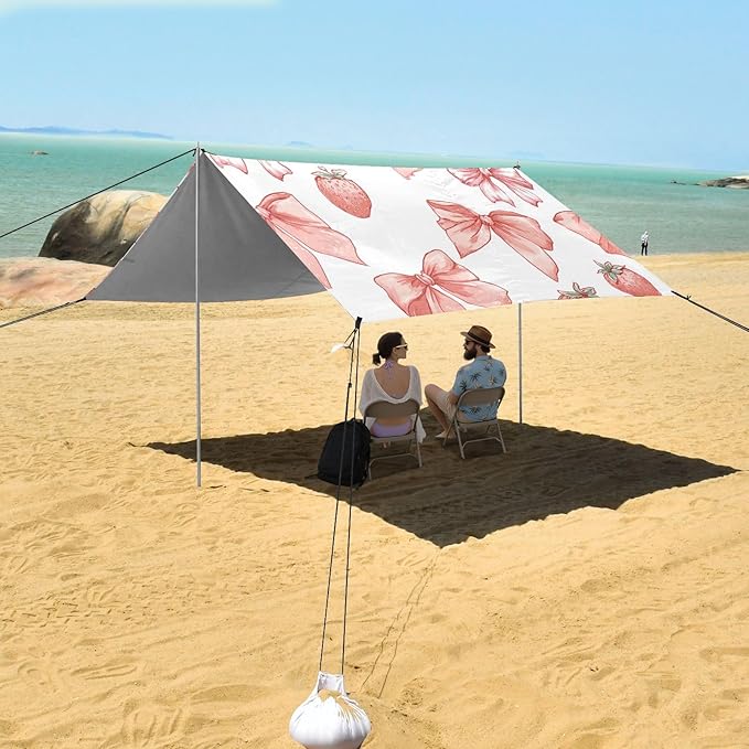 ALAZA Pink Bows Strawberries Pattern Beach Tent Sun Shelter Portable Canopy Sunshade for Outdoor Camping Picnics Backyard Fun 10x9 ft