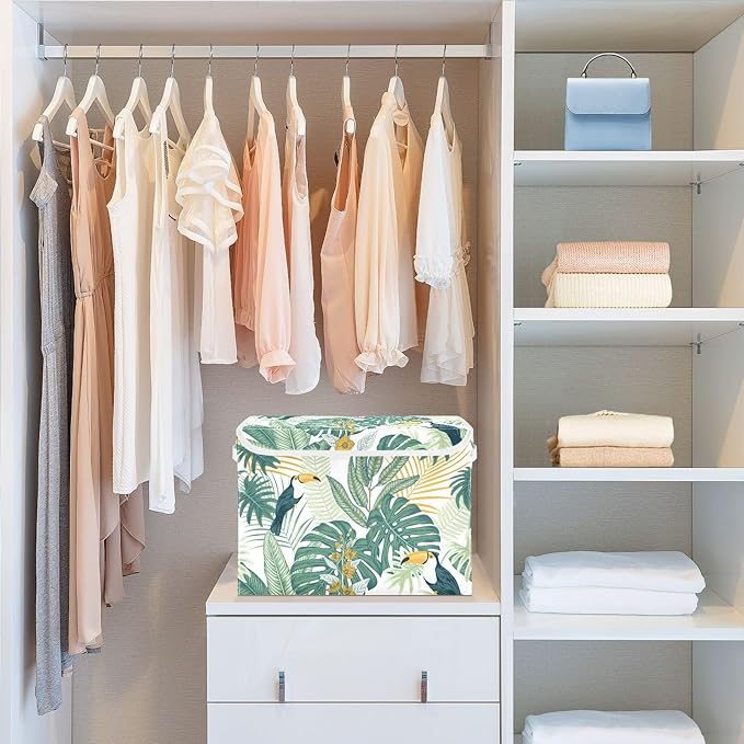 susiyo Large Foldable Storage Bin with Flip-Top Lid Modern Bird Leave Storage Box Collapsible Closet Organizer Containers Boxes Decorative Baskets with Handles for Home Bedroom Living Room Office
