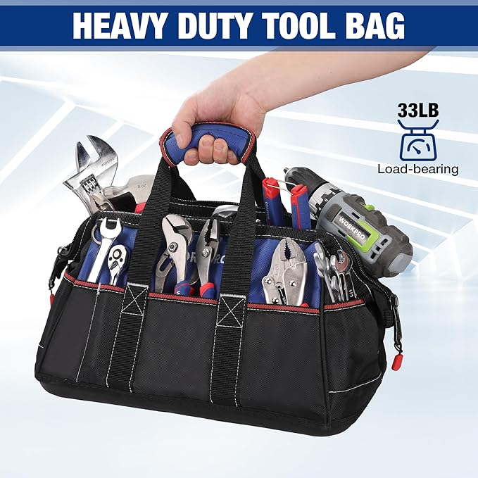 WORKPRO 16-inch Wide Mouth Tool Bag Heavy Duty Cloth Tool Storage Bag with Water Proof Molded Base Adjustable Shoulder Strap