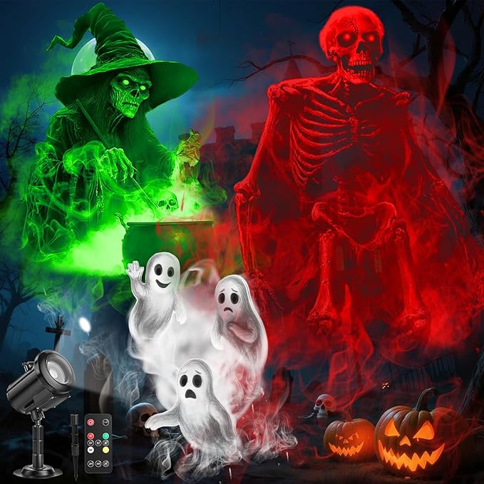 12 in 1 Halloween Ghost Projector Light Outdoor 3D Dynamic Decoration Light 4 Color Waterproof Scary Projector with Skeleton Ghost/Ghost/Pumpkin/Witch for Home Window Wall Halloween Holiday Decor