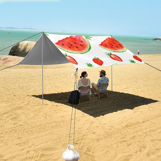 Beach Canopy with Windproof Ropes &amp Sandbags Beach Tent Sun Shade Sun Shelter for Camping Trips Fishing Backyard Fun or Picnics Watermelon