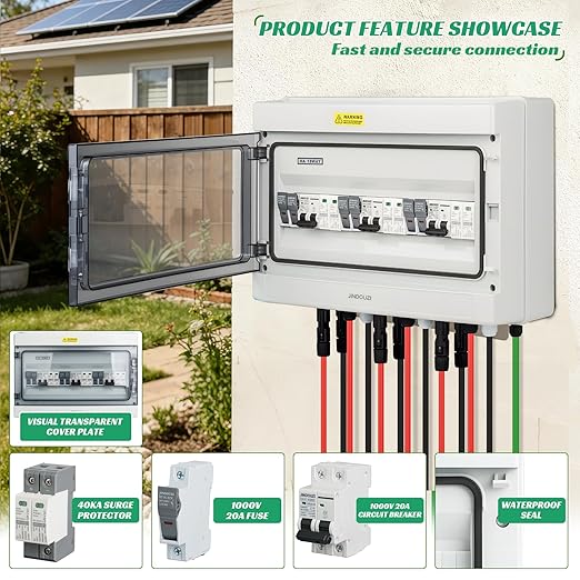3 in 3 Out Solar Combiner BoxPV Combiner Box with 20A PV FuseDC 20A Circuit Breaker and Surge ProtectorIP65 Solar Disconnect Switch Box for Indoor Outdoor Solar Panel System (3 in 3 Out 20A 1000V)