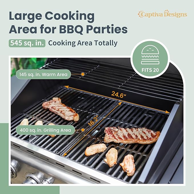 Captiva Designs 4-Burner Propane Gas BBQ Grill with Side Burner &amp Porcelain-Enameled Cast Iron Grates 42000 BTU Output Stainless Steel Grill for Outdoor Cooking Kitchen and Patio Backyard Barbec