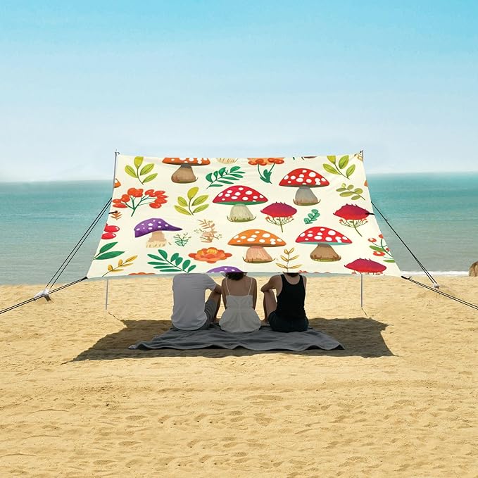 Beach Canopy with Windproof Ropes &amp Sandbags Beach Tent Sun Shade Sun Shelter for Camping Trips Fishing Backyard Fun or Picnics Mushroom