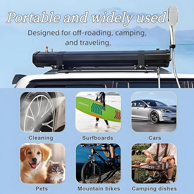 Road Camping Shower Pressurized Water Tank 4.76-8Gal Solar Roof Rack ShowerPortable Camping Showerhead Handheld with Storage Bag Device
