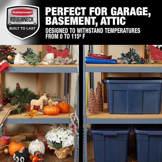 Rubbermaid Roughneck Tote 31 Gal 3 Pack Made in USA Dark Indigo Metallic Rugged Plastic Stackable Storage Bins with Lids and Handles