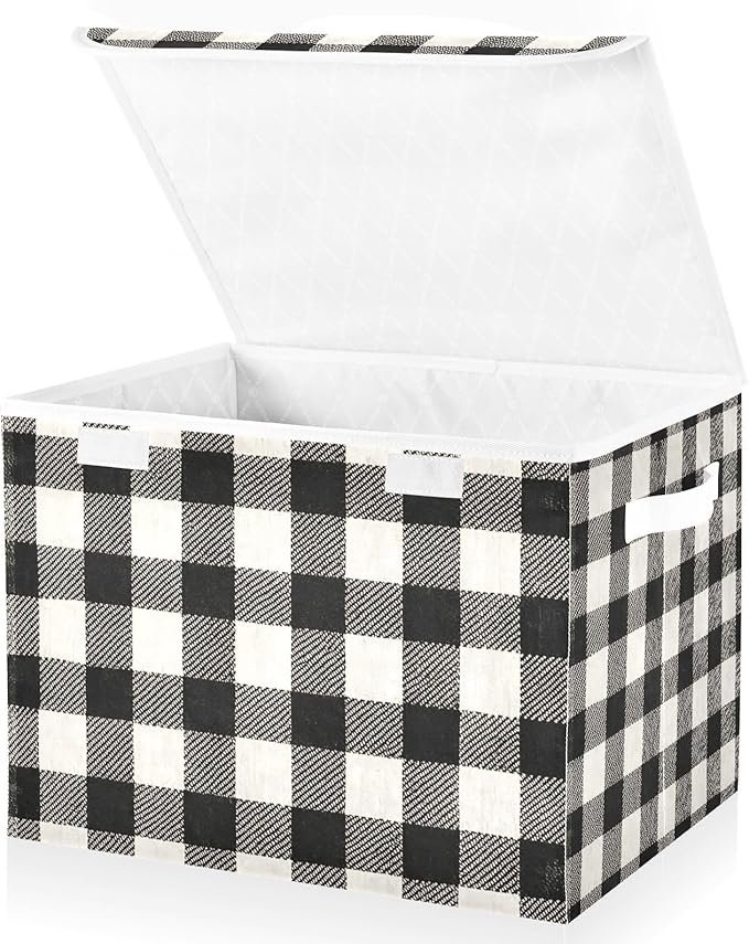 Black White Buffalo Plaid Large Storage Bins with Linen Foldable Storage Cubes Fabric Closet Organizer Containers box with Flip-Top Lid for Home Office 16.5 x 12.6 x 11.8 IN