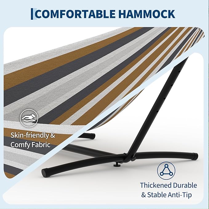 Double Hammock with Stand 2 Person Heavy Duty Hammocks for Outside–450IB Capacity Portable Hammock with Space-Saving Steel Frame &amp Carrying Case Easy Setup for BackyardCampingBeach-Brown