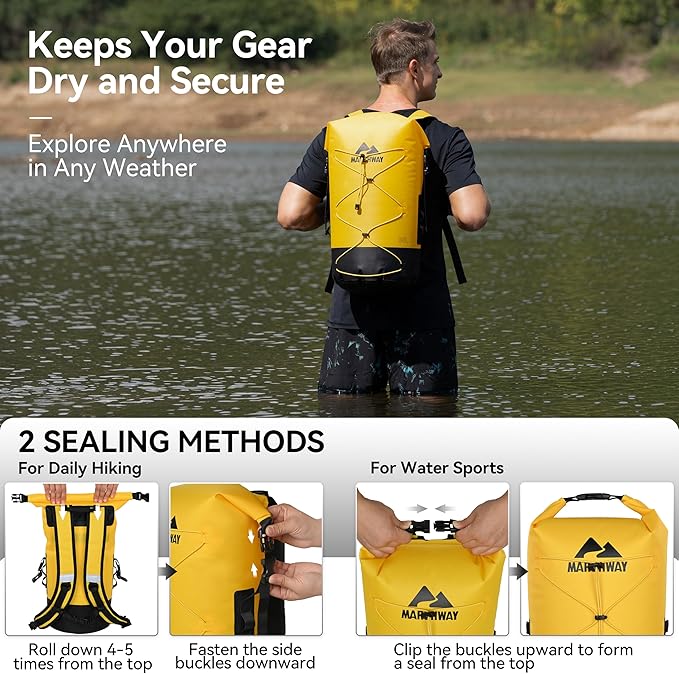 MARCHWAY Floating Roll Top Dry Bag Flexible Lightweight TPU Waterproof Backpack 20L/30L/40L with Padded Straps for Boating Kayaking Swimming Hiking Beach (Yellow 30L)