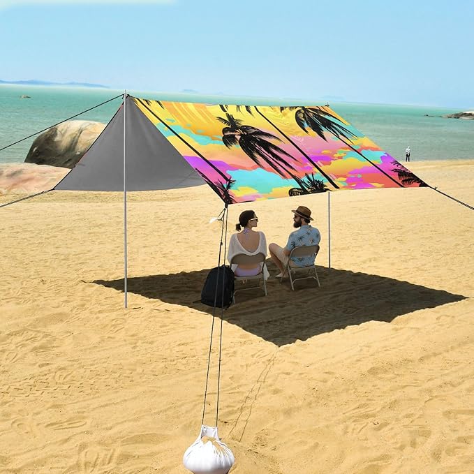xigua Palm Tree Beach Tent Sun Shelter with Carrying Bag - Silver Coated Oxford Fabric Beach Canopy for Beach Camping Fishing - Includes Windproof Ropes Sandbags &amp Stakes