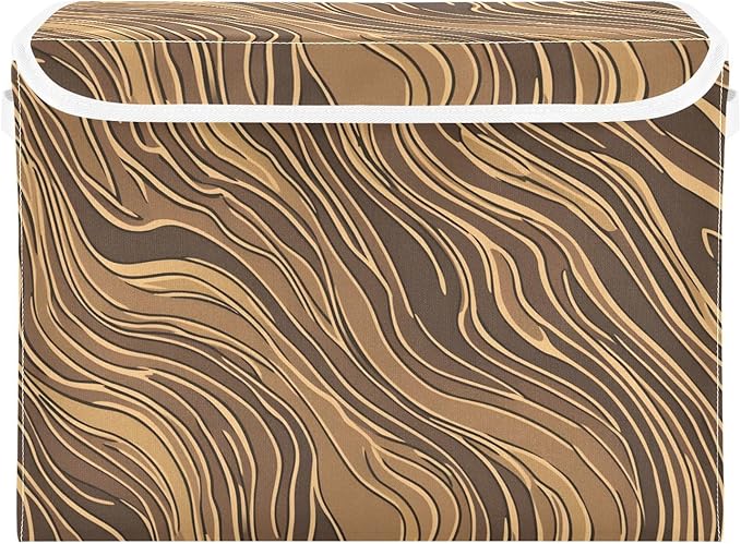 Dark Brown Stripe Lidded Storage Bins with Handles - 16.5x12.6x11.8 Foldable Organizing Box Oxford Fabric &amp Honeycomb Board Dust-Proof Flip Lid for Closet/Office