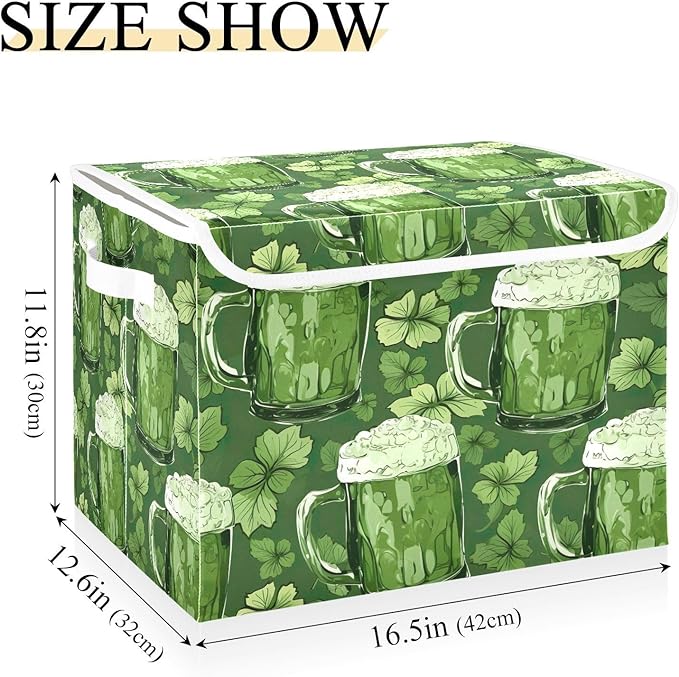 Christmas Storage Baskets with Lids Beer Glasses and Shamrocks (3) Collapsible Bins Stackable Fabric Linen Baskets Closet Organizer Container 16.5x12.6x11.8