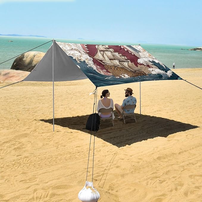ALAZA Shark Wave Sailboat Beach Tent Sun Shelter Portable Canopy Sunshade for Outdoor Camping Picnics Backyard Fun 10x9 ft